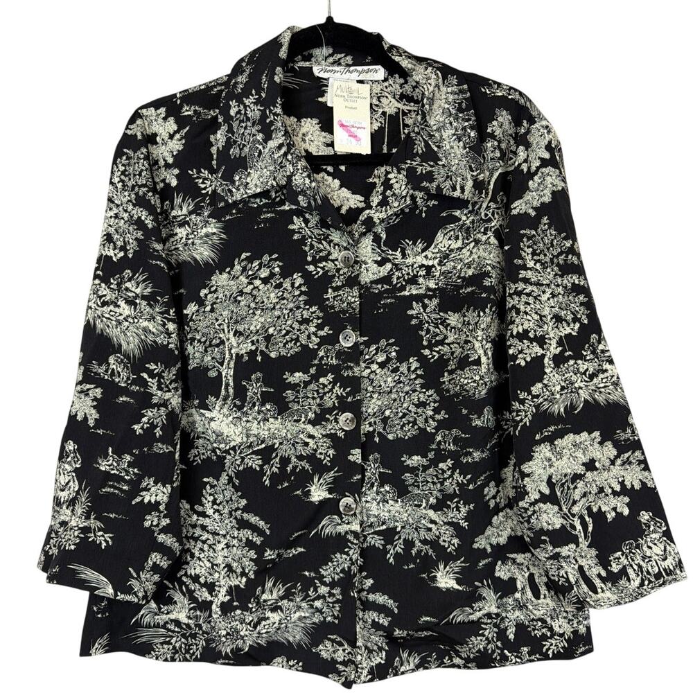 NWT Vintage Norm Thompson Black And White Tree Pattern Button Up Top L